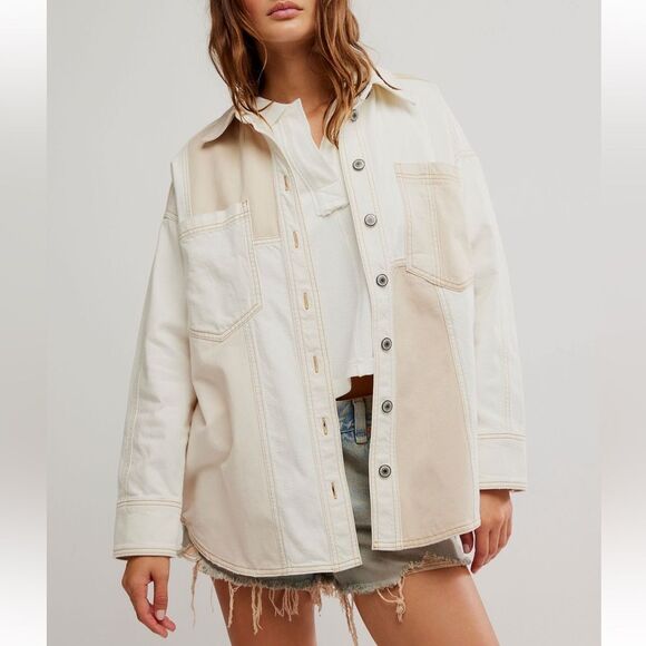 Free People We the Free Ivory Mountain Roads Denim Shirt NWOT - Picture 1 of 12